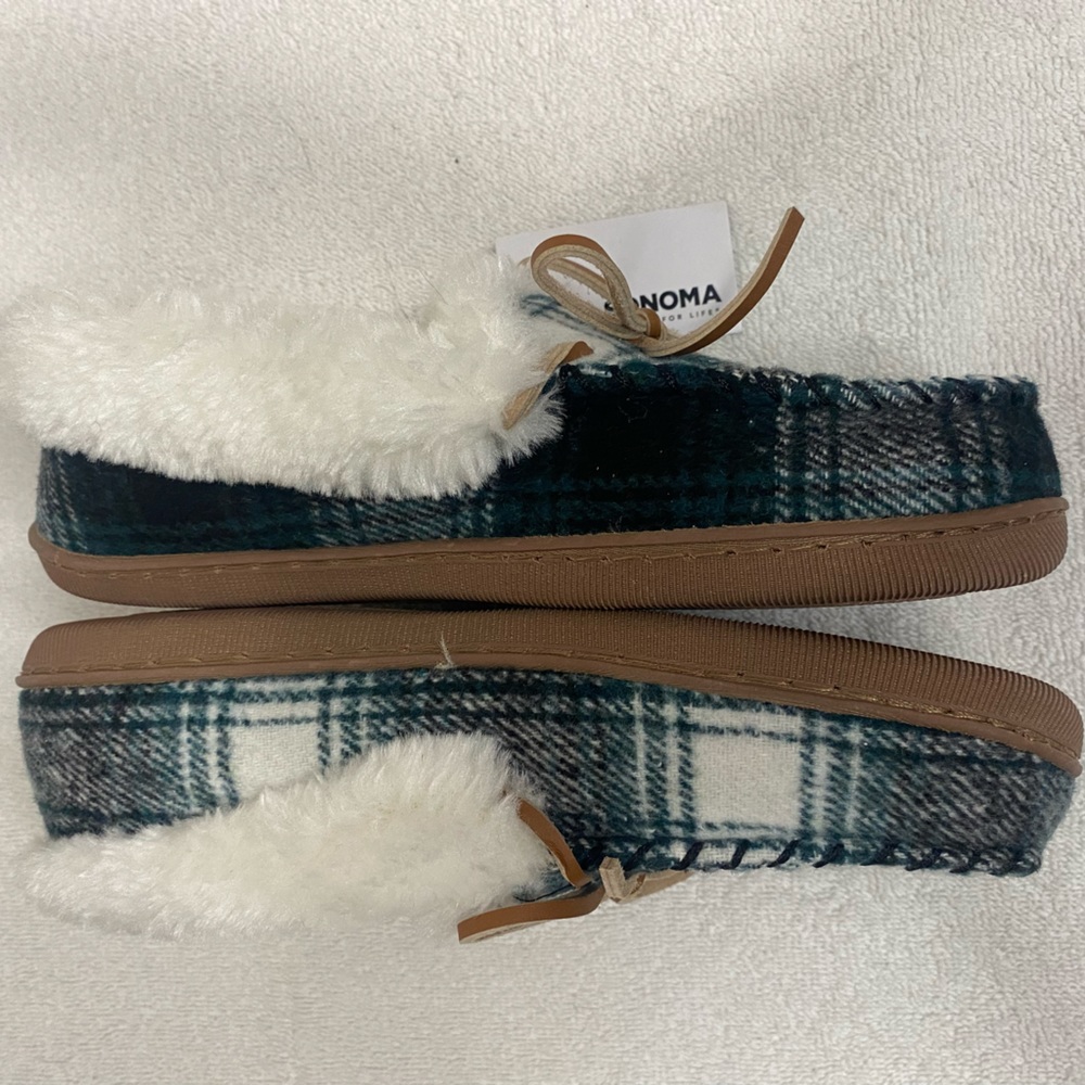 NWT Sonoma Goods For Life Plaid Felt Green & Ivory Moccasins Womens Size S (6-7) - Picture 9 of 9